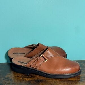 Clarks Women’s Brown Leather Slip-On Clogs Soft Cushion